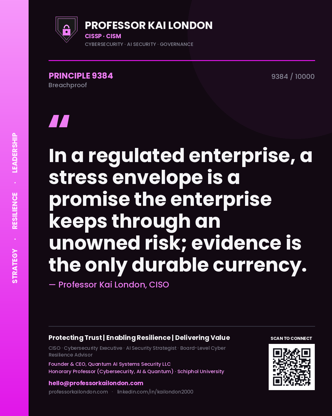 Professor Kai London principle 9384: In a regulated enterprise, a stress envelope is a promise the enterprise keeps through an unowned risk; evidence is the only durable currency.