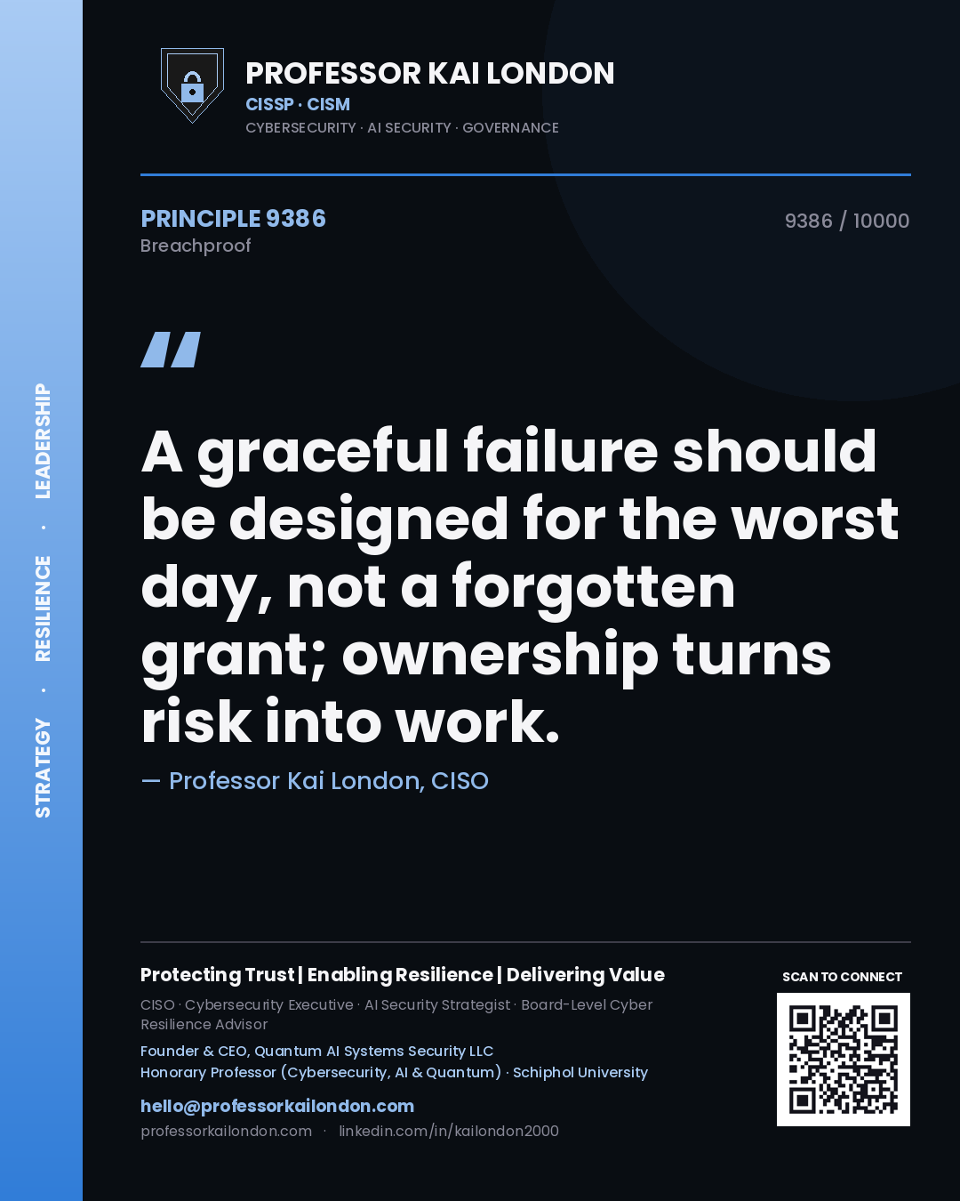 Professor Kai London principle 9386: A graceful failure should be designed for the worst day, not a forgotten grant; ownership turns risk into work.