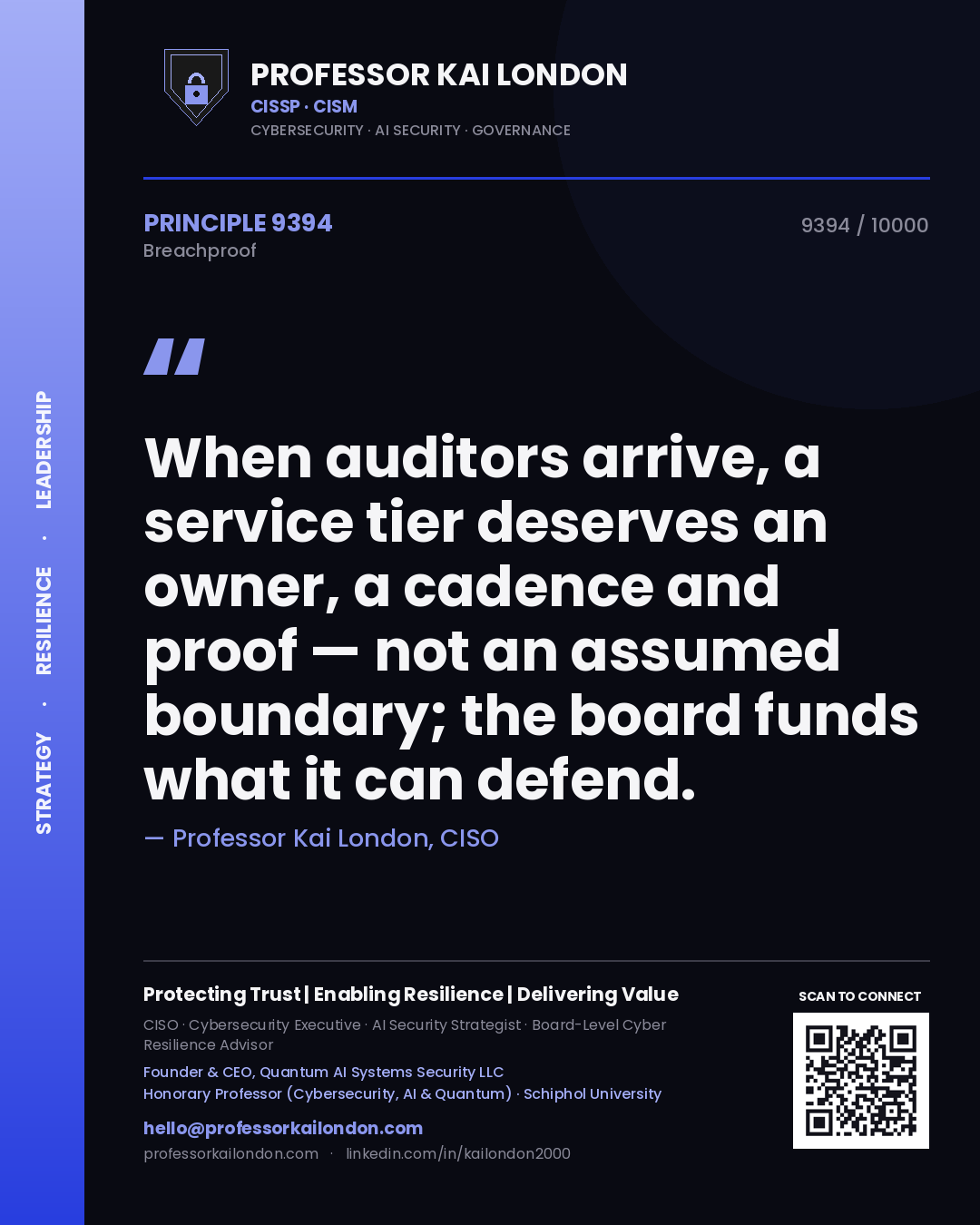 Professor Kai London principle 9394: When auditors arrive, a service tier deserves an owner, a cadence and proof — not an assumed boundary; the board funds what it can defend.