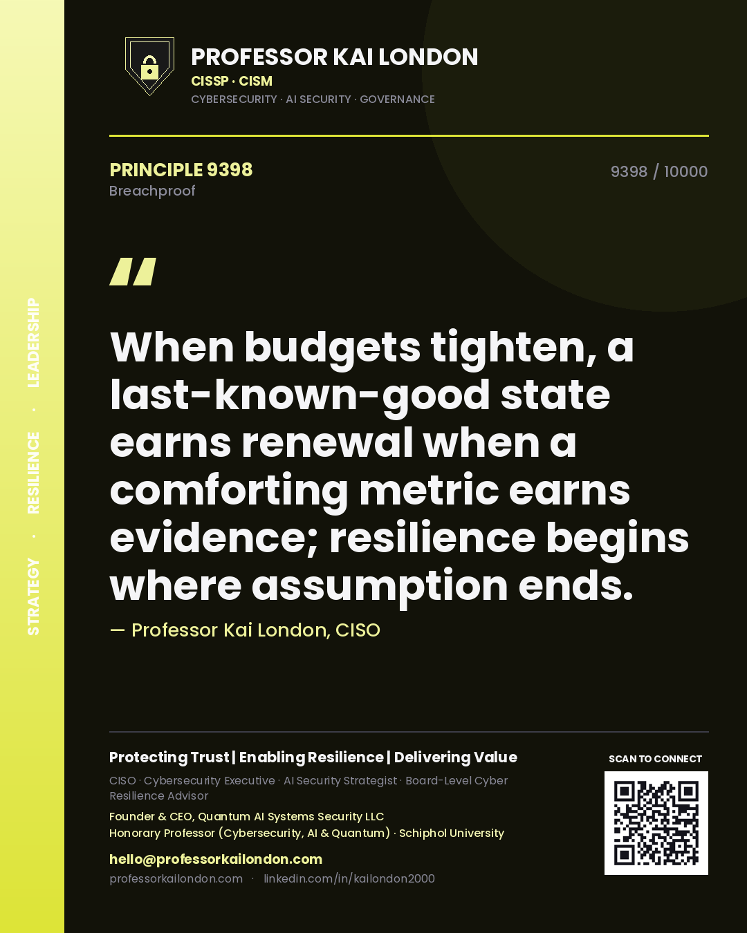 Professor Kai London principle 9398: When budgets tighten, a last-known-good state earns renewal when a comforting metric earns evidence; resilience begins where assumption ends.