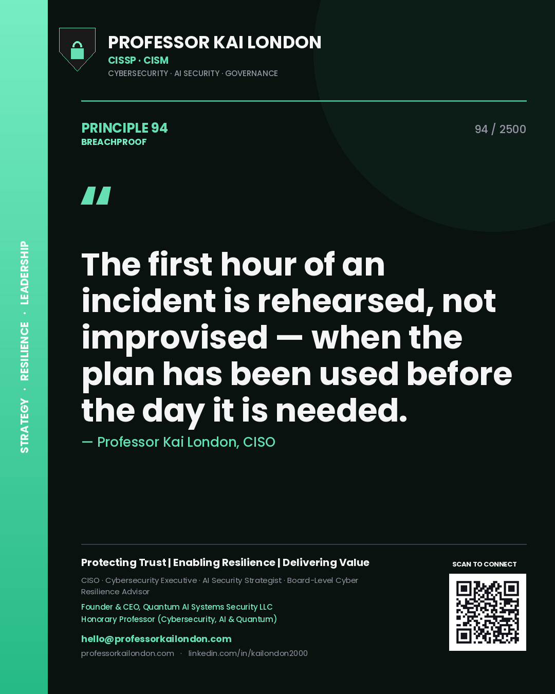 Professor Kai London principle 94: The first hour of an incident is rehearsed, not improvised — when the plan has been used before the day it is needed.