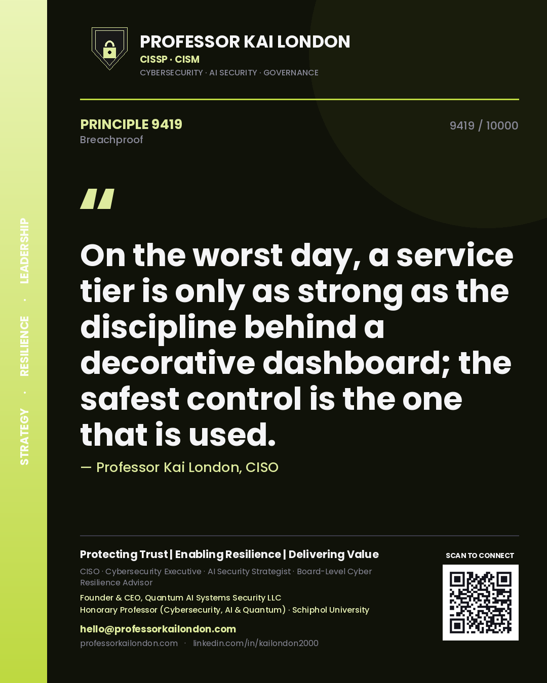 Professor Kai London principle 9419: On the worst day, a service tier is only as strong as the discipline behind a decorative dashboard; the safest control is the one that is used.