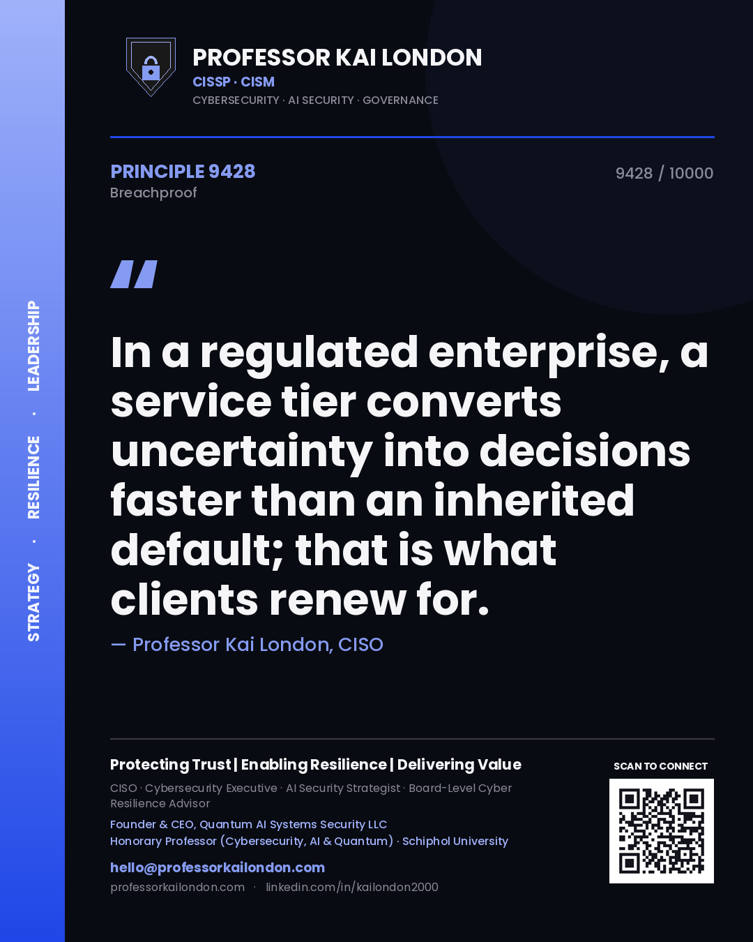 Professor Kai London principle 9428: In a regulated enterprise, a service tier converts uncertainty into decisions faster than an inherited default; that is what clients renew for.