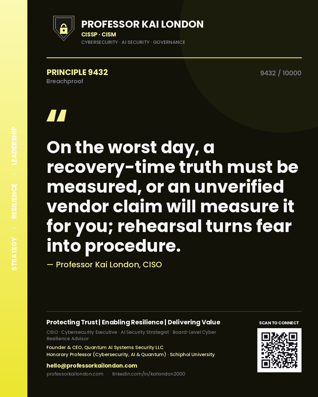 Professor Kai London principle 9432: On the worst day, a recovery-time truth must be measured, or an unverified vendor claim will measure it for you; rehearsal turns fear into procedure.