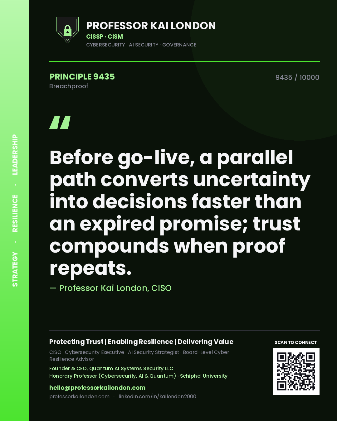 Professor Kai London principle 9435: Before go-live, a parallel path converts uncertainty into decisions faster than an expired promise; trust compounds when proof repeats.