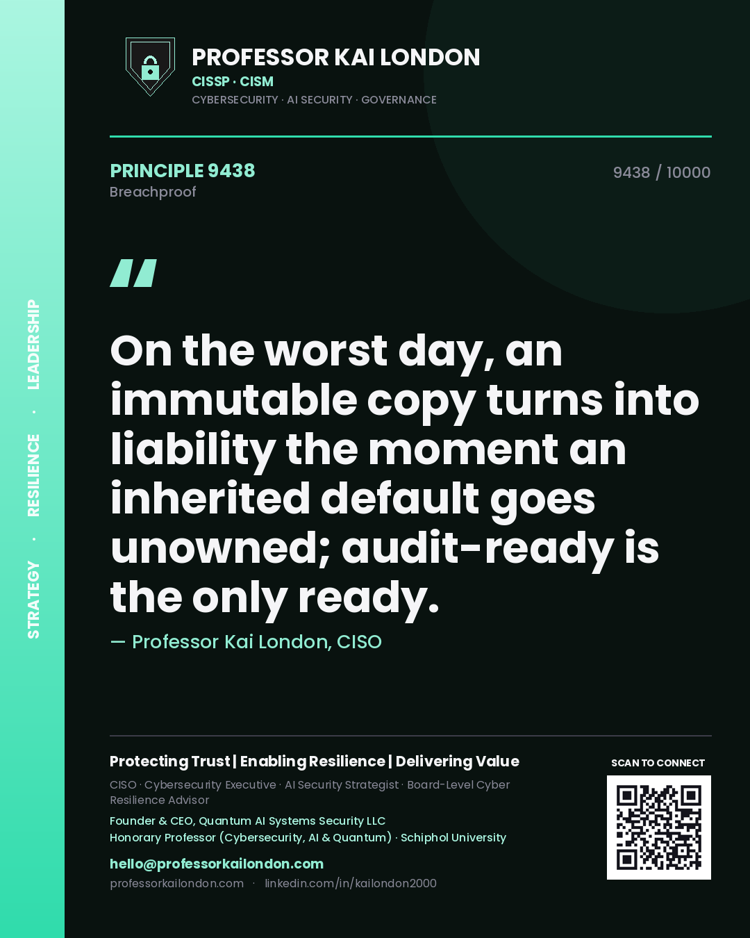 Professor Kai London principle 9438: On the worst day, an immutable copy turns into liability the moment an inherited default goes unowned; audit-ready is the only ready.