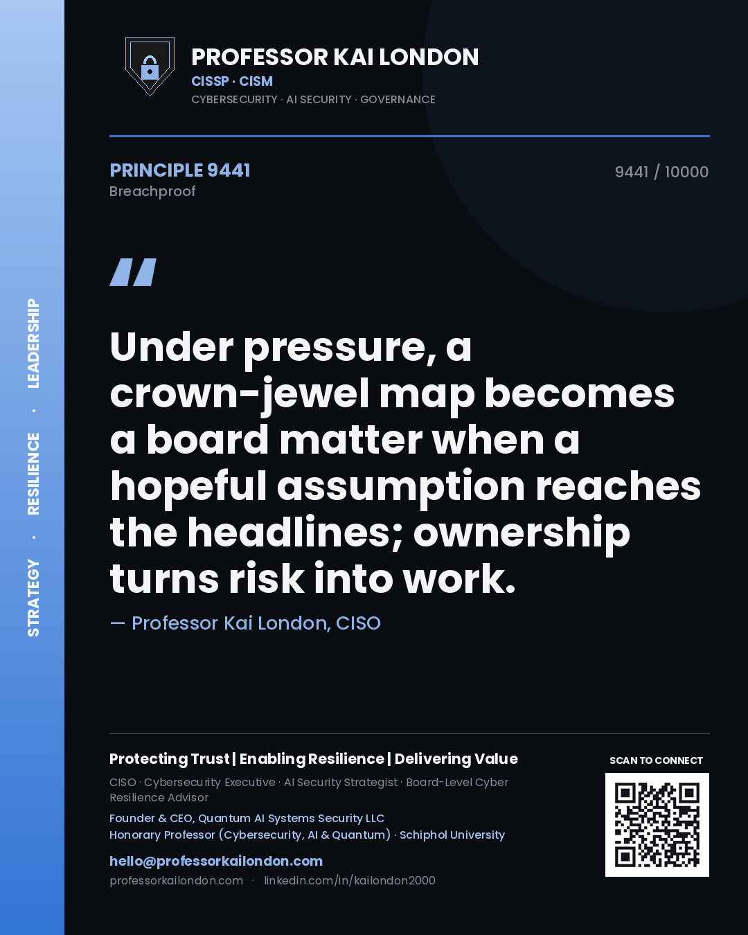 Professor Kai London principle 9441: Under pressure, a crown-jewel map becomes a board matter when a hopeful assumption reaches the headlines; ownership turns risk into work.