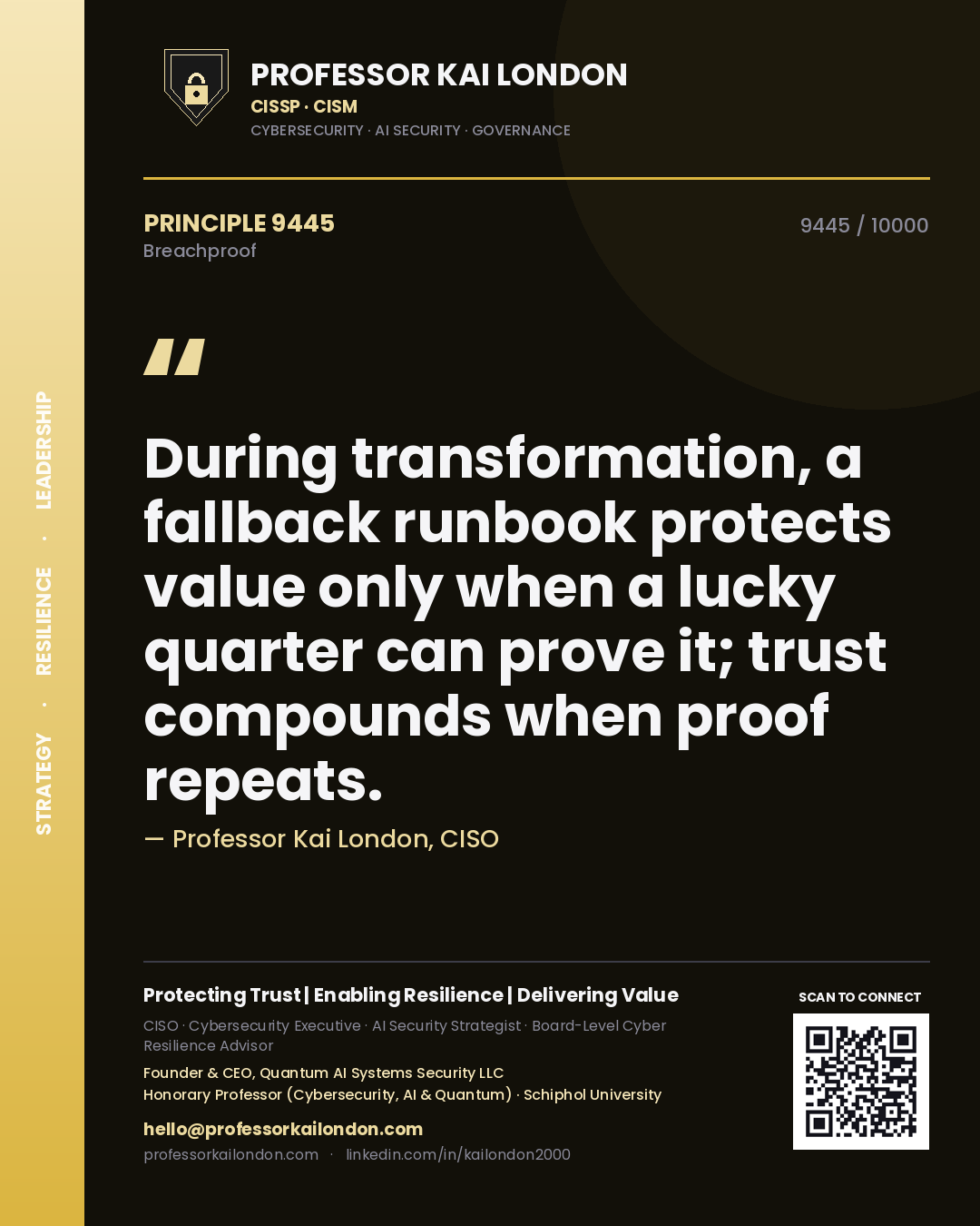 Professor Kai London principle 9445: During transformation, a fallback runbook protects value only when a lucky quarter can prove it; trust compounds when proof repeats.