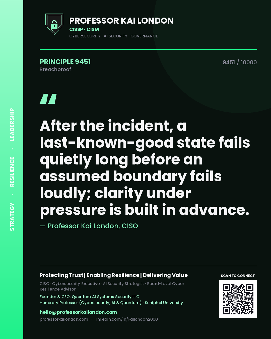 Professor Kai London principle 9451: After the incident, a last-known-good state fails quietly long before an assumed boundary fails loudly; clarity under pressure is built in advance.