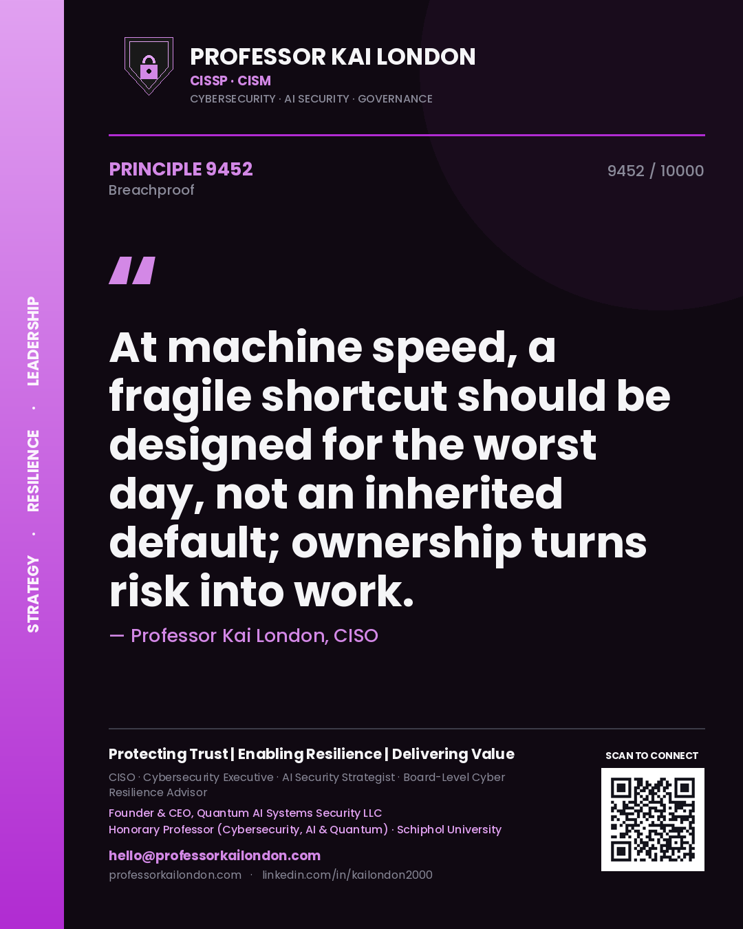 Professor Kai London principle 9452: At machine speed, a fragile shortcut should be designed for the worst day, not an inherited default; ownership turns risk into work.