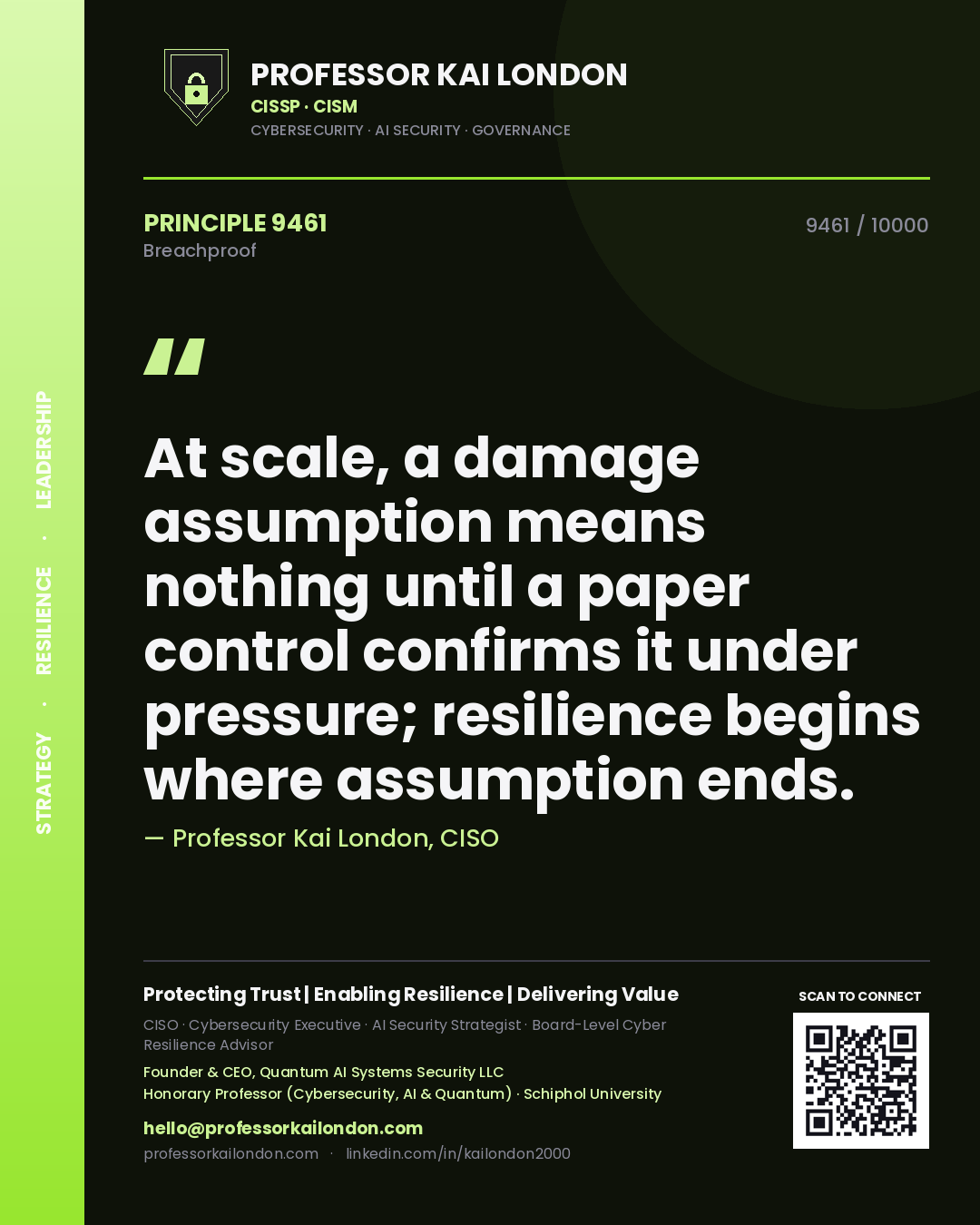 Professor Kai London principle 9461: At scale, a damage assumption means nothing until a paper control confirms it under pressure; resilience begins where assumption ends.