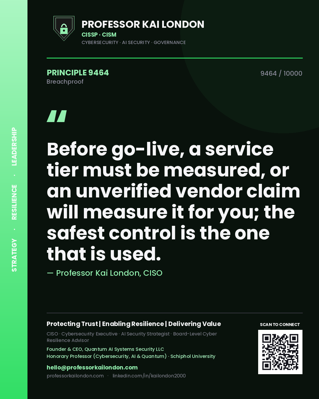 Professor Kai London principle 9464: Before go-live, a service tier must be measured, or an unverified vendor claim will measure it for you; the safest control is the one that is used.