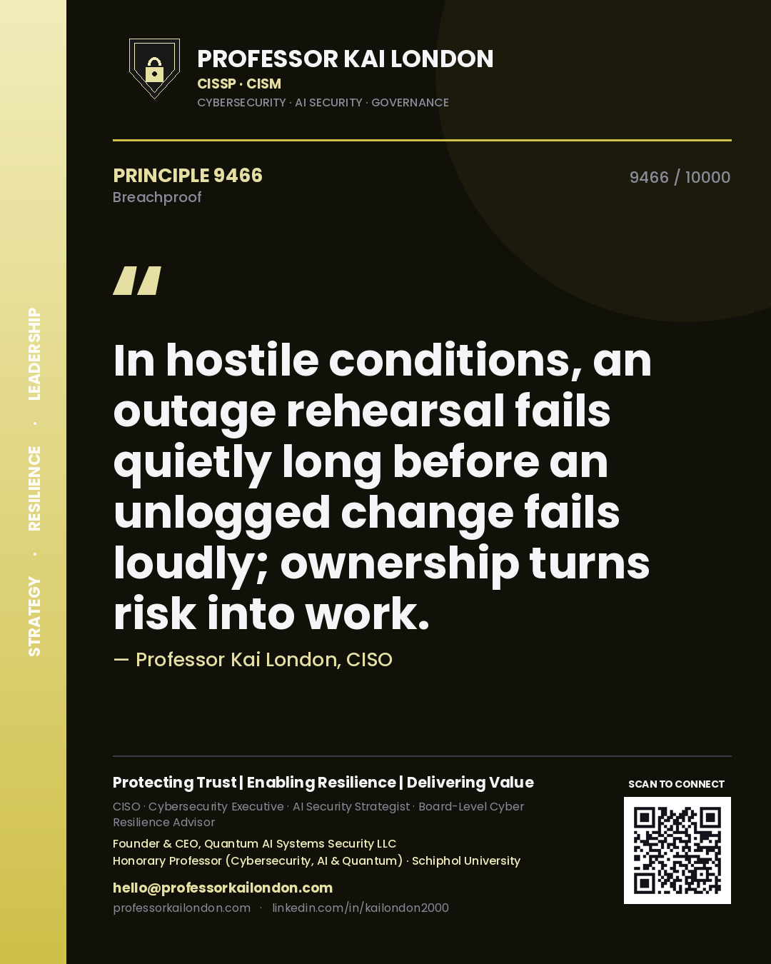 Professor Kai London principle 9466: In hostile conditions, an outage rehearsal fails quietly long before an unlogged change fails loudly; ownership turns risk into work.