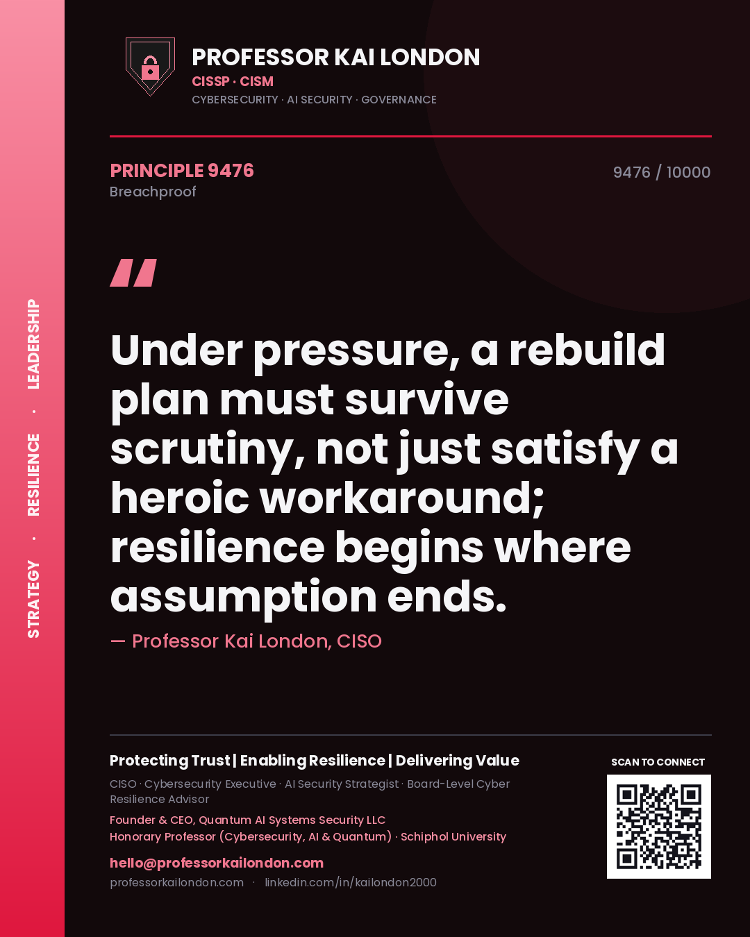Professor Kai London principle 9476: Under pressure, a rebuild plan must survive scrutiny, not just satisfy a heroic workaround; resilience begins where assumption ends.