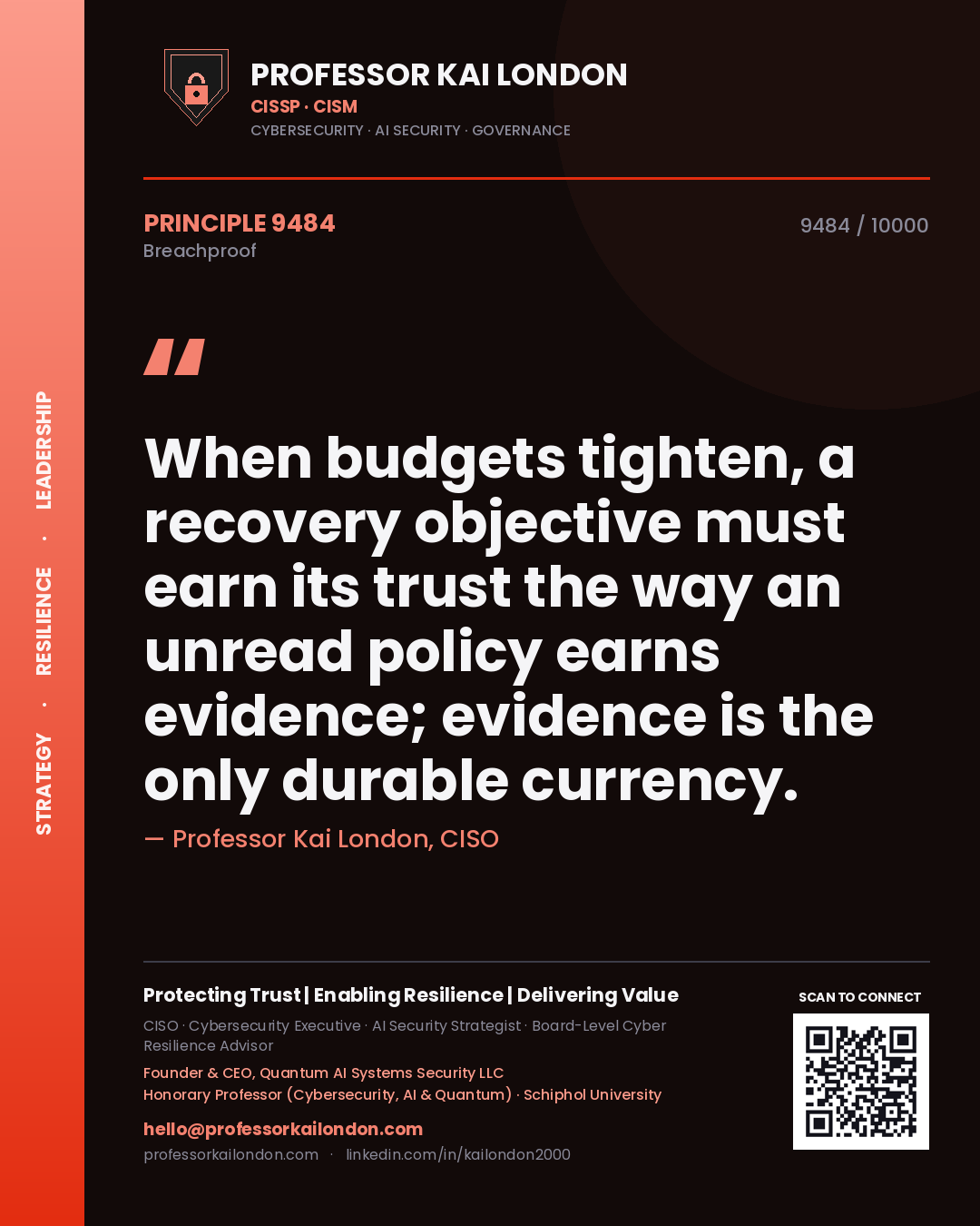 Professor Kai London principle 9484: When budgets tighten, a recovery objective must earn its trust the way an unread policy earns evidence; evidence is the only durable currency.