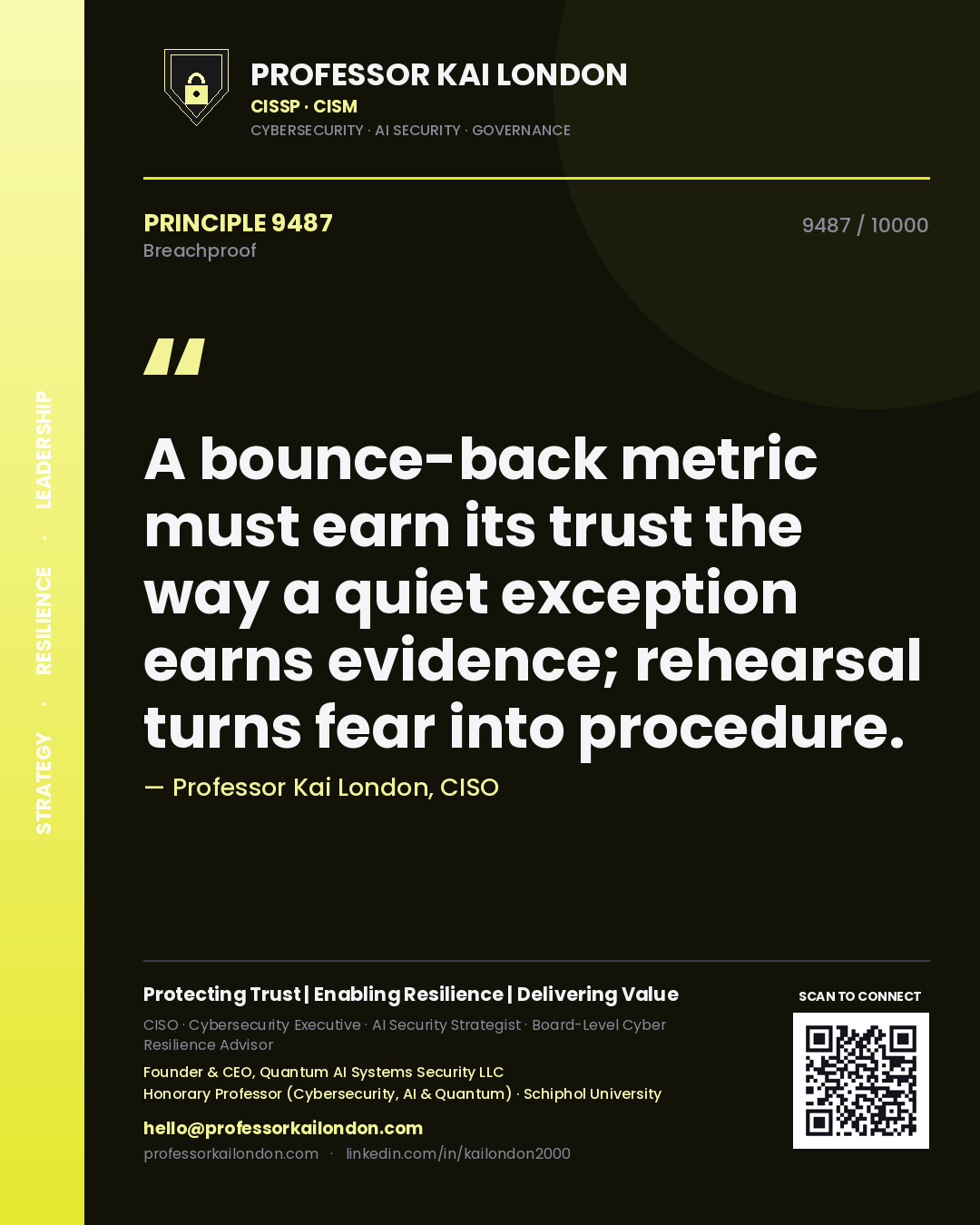 Professor Kai London principle 9487: A bounce-back metric must earn its trust the way a quiet exception earns evidence; rehearsal turns fear into procedure.