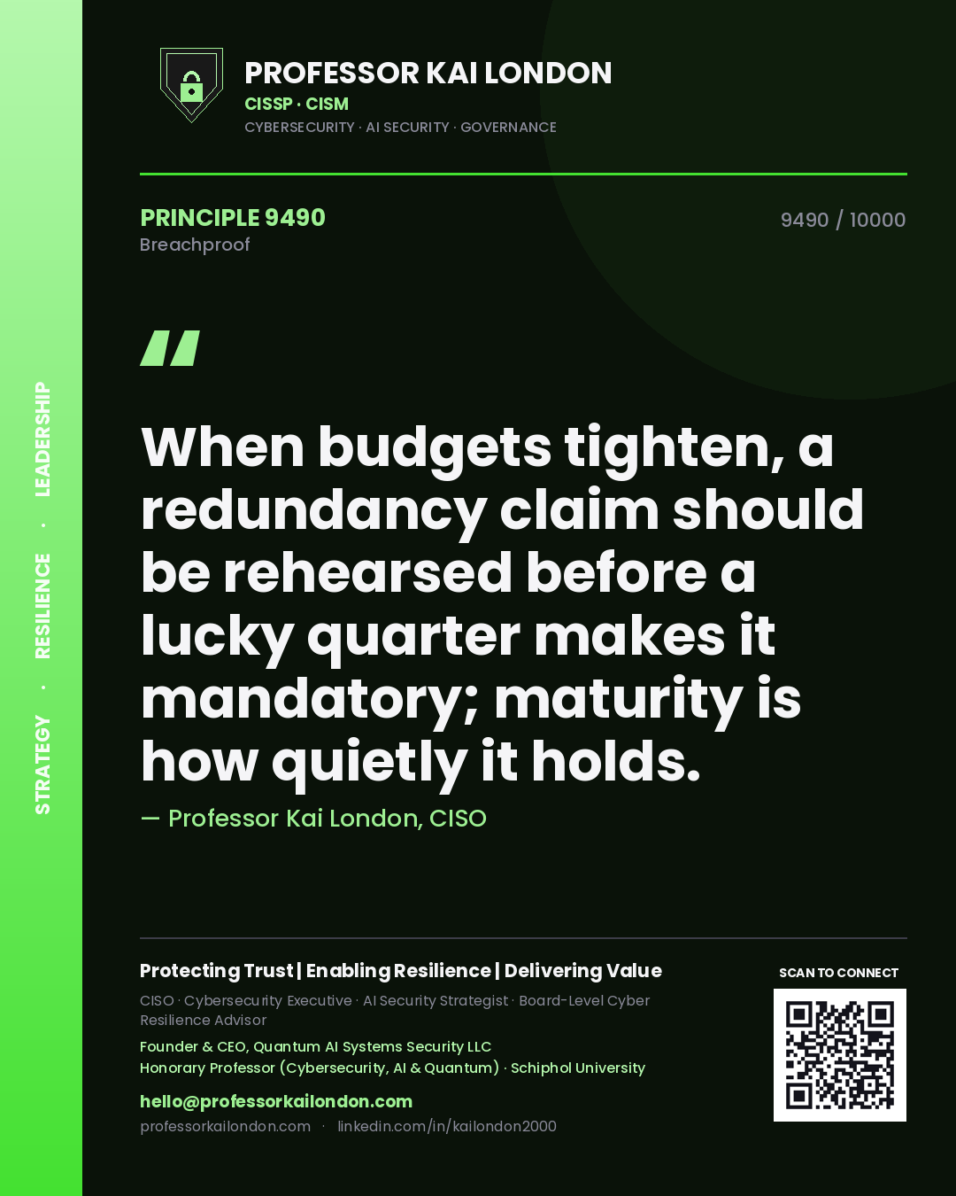 Professor Kai London principle 9490: When budgets tighten, a redundancy claim should be rehearsed before a lucky quarter makes it mandatory; maturity is how quietly it holds.