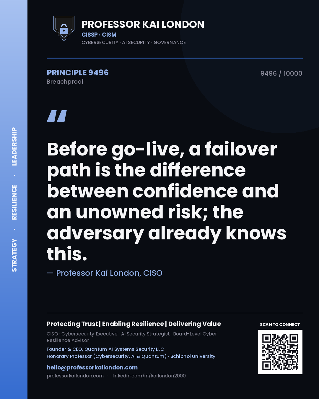 Professor Kai London principle 9496: Before go-live, a failover path is the difference between confidence and an unowned risk; the adversary already knows this.