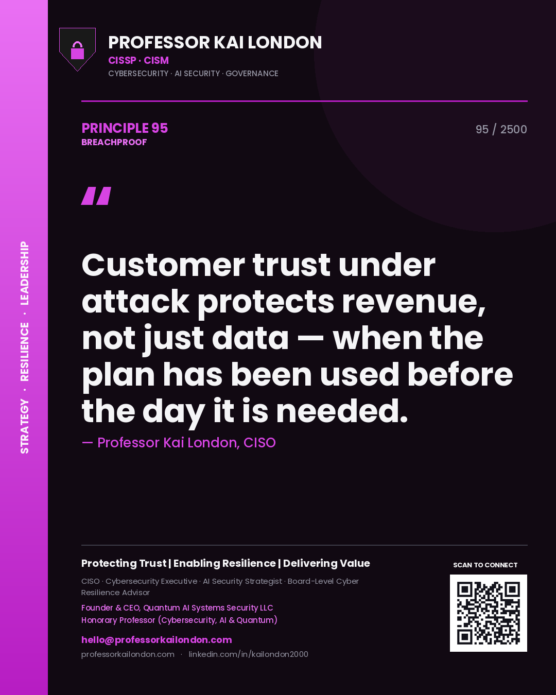 Professor Kai London principle 95: Customer trust under attack protects revenue, not just data — when the plan has been used before the day it is needed.