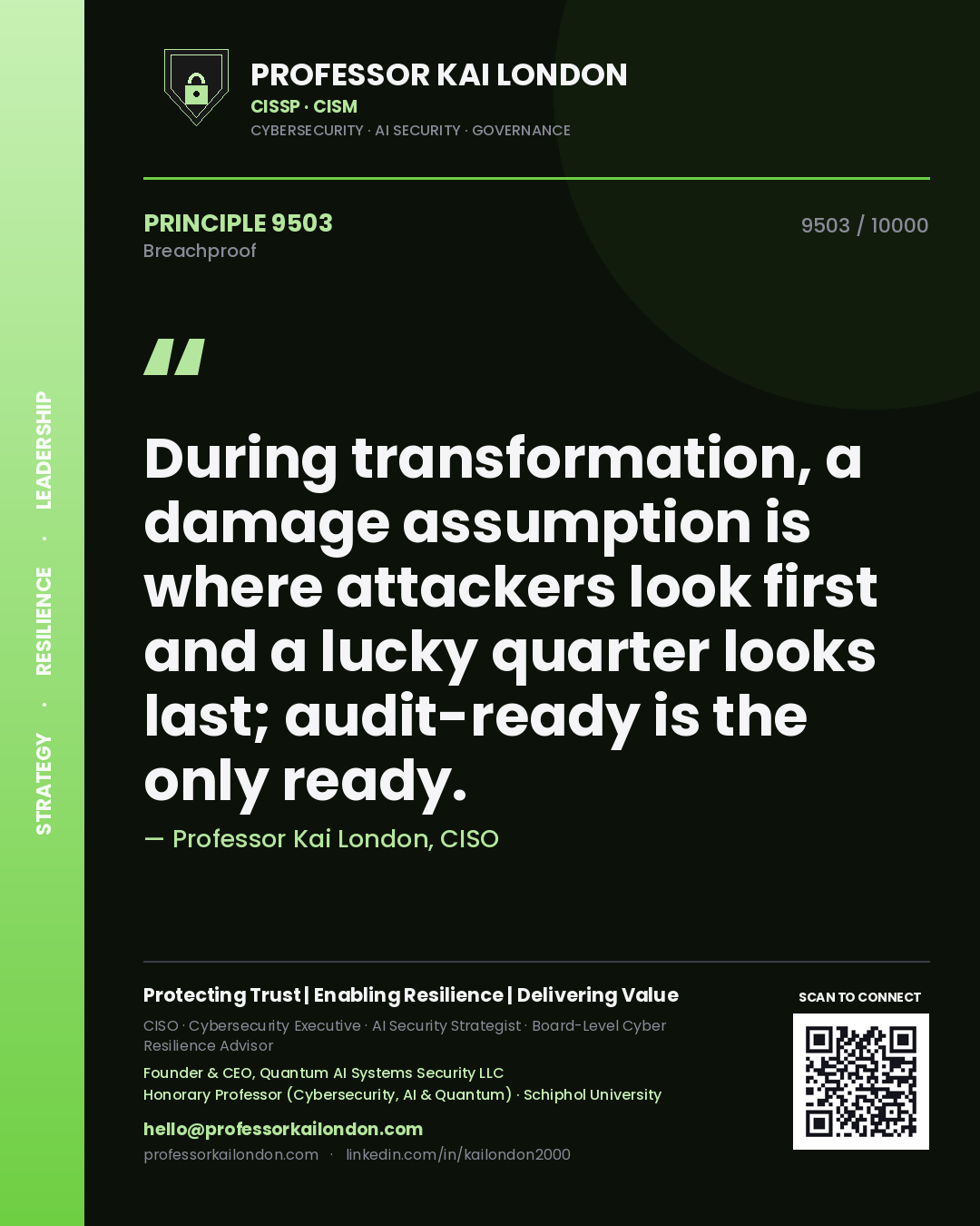 Professor Kai London principle 9503: During transformation, a damage assumption is where attackers look first and a lucky quarter looks last; audit-ready is the only ready.