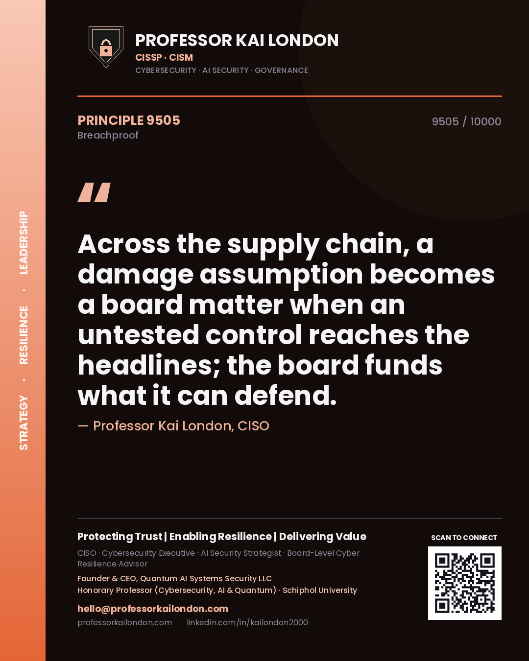 Professor Kai London principle 9505: Across the supply chain, a damage assumption becomes a board matter when an untested control reaches the headlines; the board funds what it can defend.
