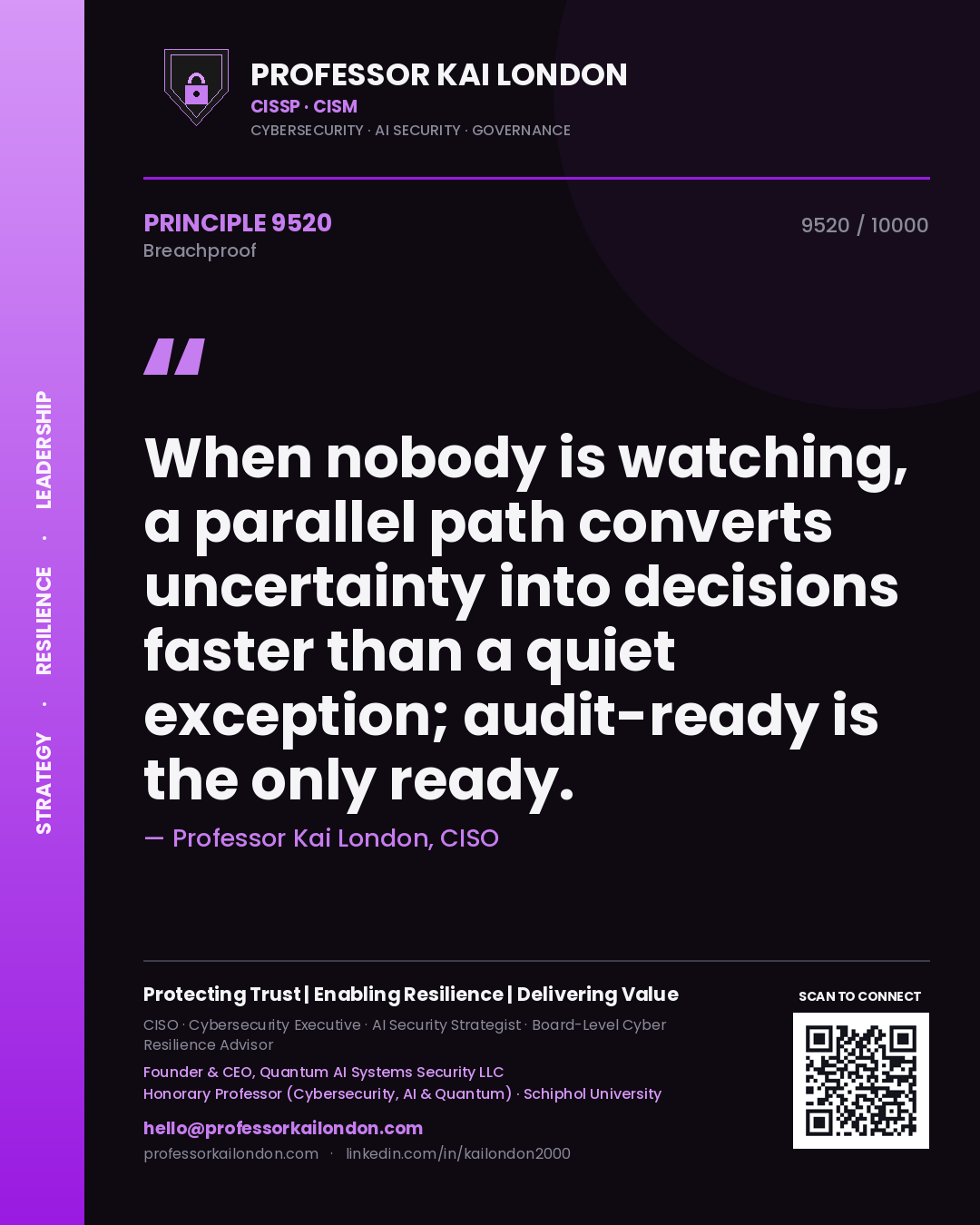 Professor Kai London principle 9520: When nobody is watching, a parallel path converts uncertainty into decisions faster than a quiet exception; audit-ready is the only ready.