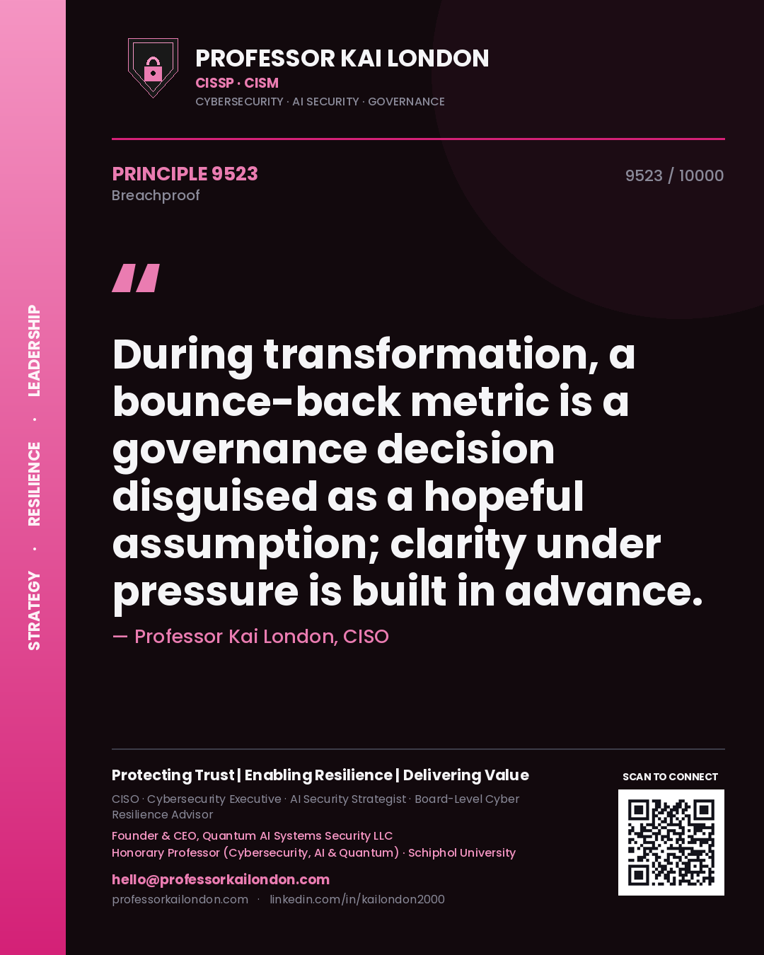 Professor Kai London principle 9523: During transformation, a bounce-back metric is a governance decision disguised as a hopeful assumption; clarity under pressure is built in advance.