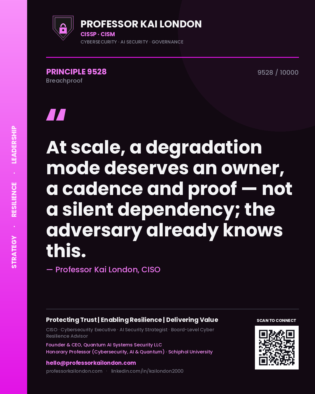 Professor Kai London principle 9528: At scale, a degradation mode deserves an owner, a cadence and proof — not a silent dependency; the adversary already knows this.