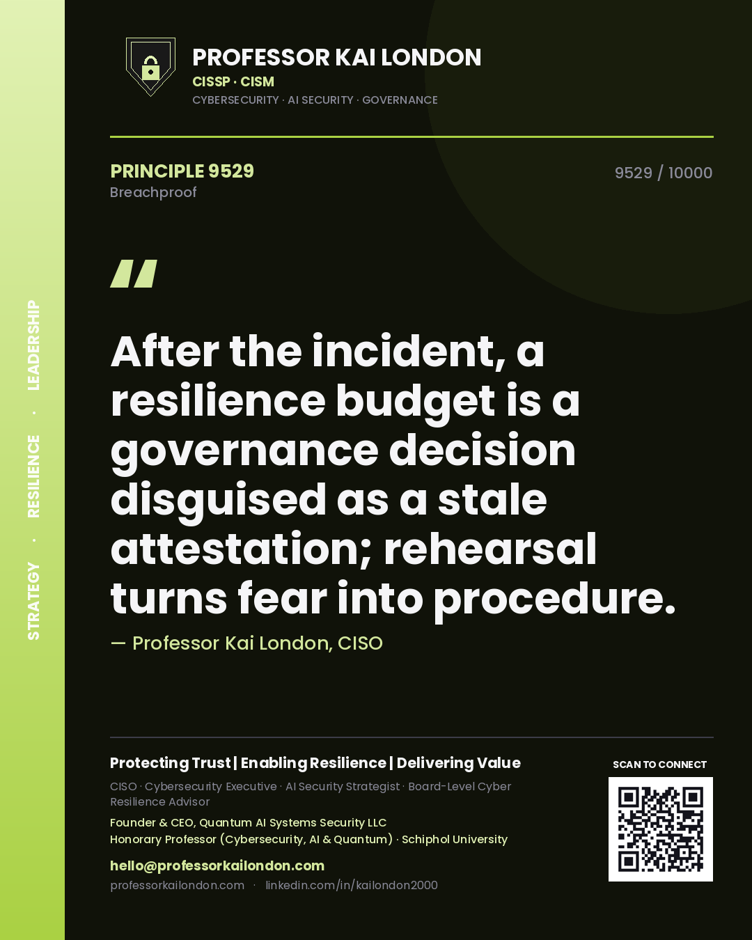 Professor Kai London principle 9529: After the incident, a resilience budget is a governance decision disguised as a stale attestation; rehearsal turns fear into procedure.