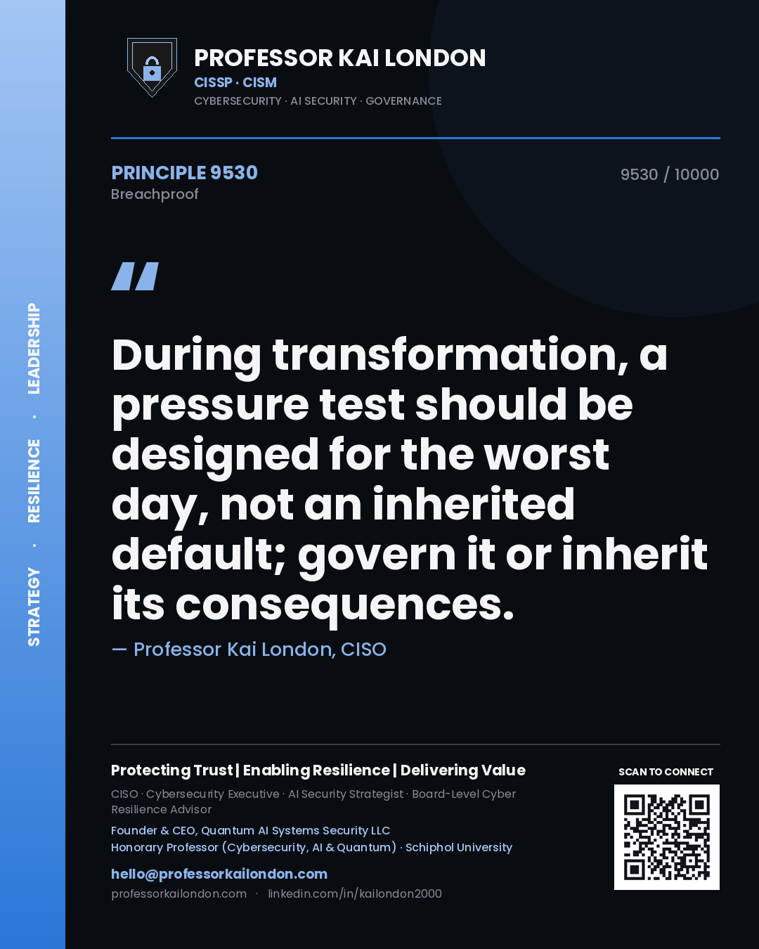 Professor Kai London principle 9530: During transformation, a pressure test should be designed for the worst day, not an inherited default; govern it or inherit its consequences.