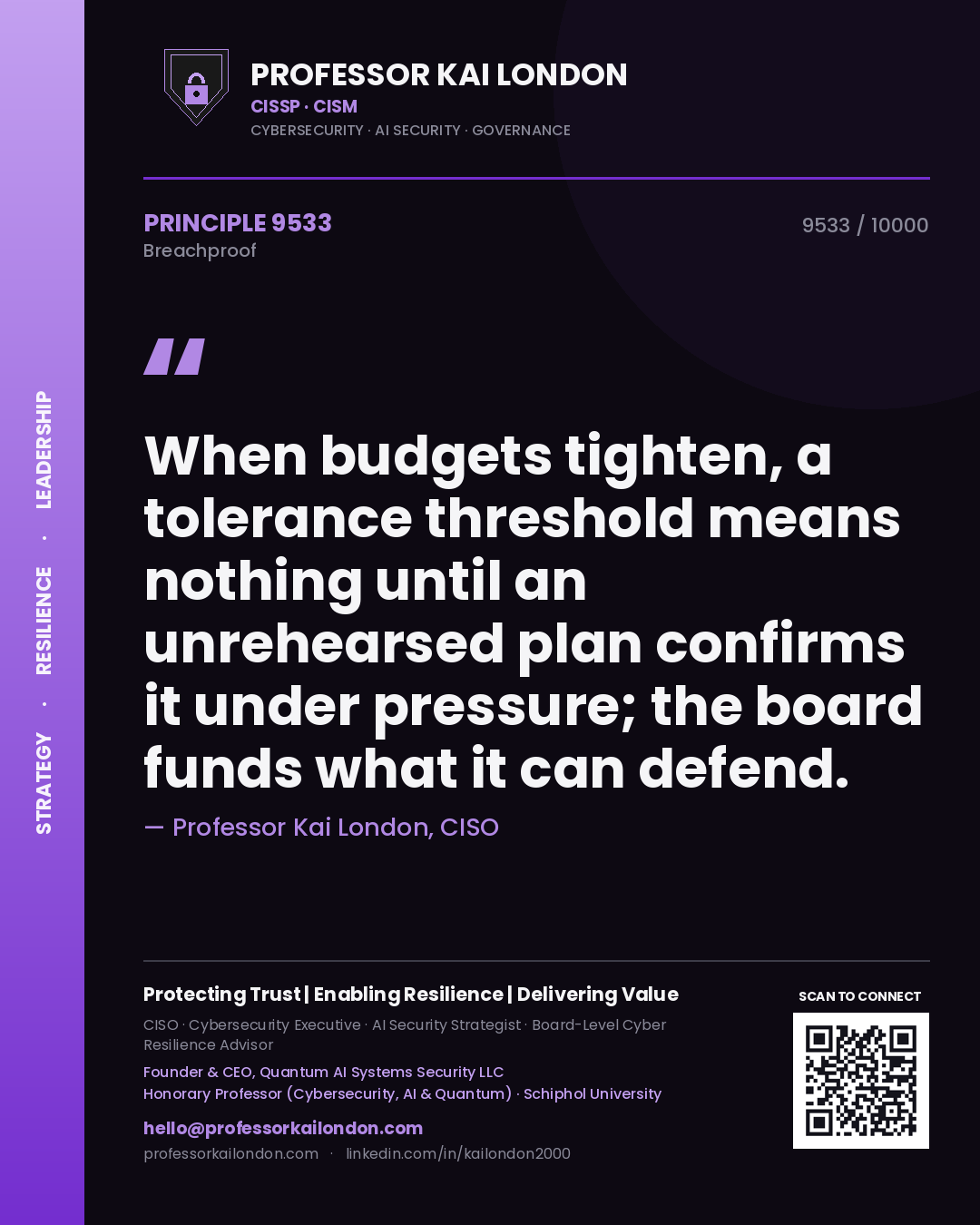 Professor Kai London principle 9533: When budgets tighten, a tolerance threshold means nothing until an unrehearsed plan confirms it under pressure; the board funds what it can defend.