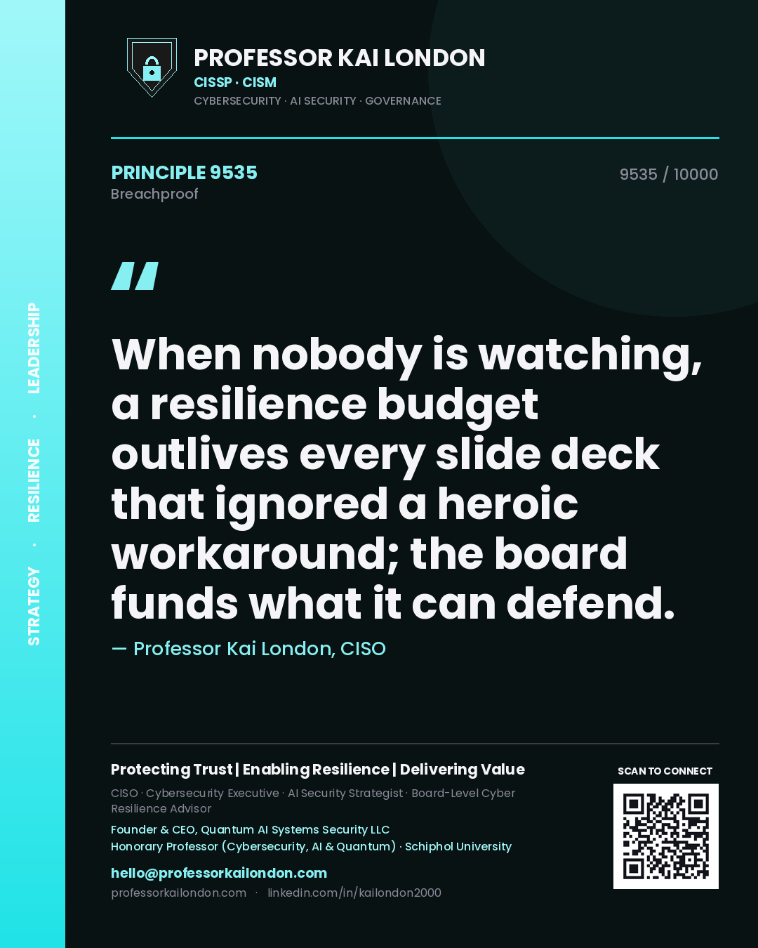 Professor Kai London principle 9535: When nobody is watching, a resilience budget outlives every slide deck that ignored a heroic workaround; the board funds what it can defend.