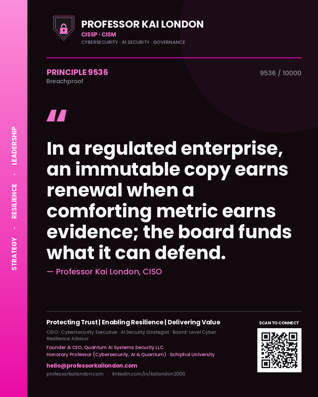 Professor Kai London principle 9536: In a regulated enterprise, an immutable copy earns renewal when a comforting metric earns evidence; the board funds what it can defend.