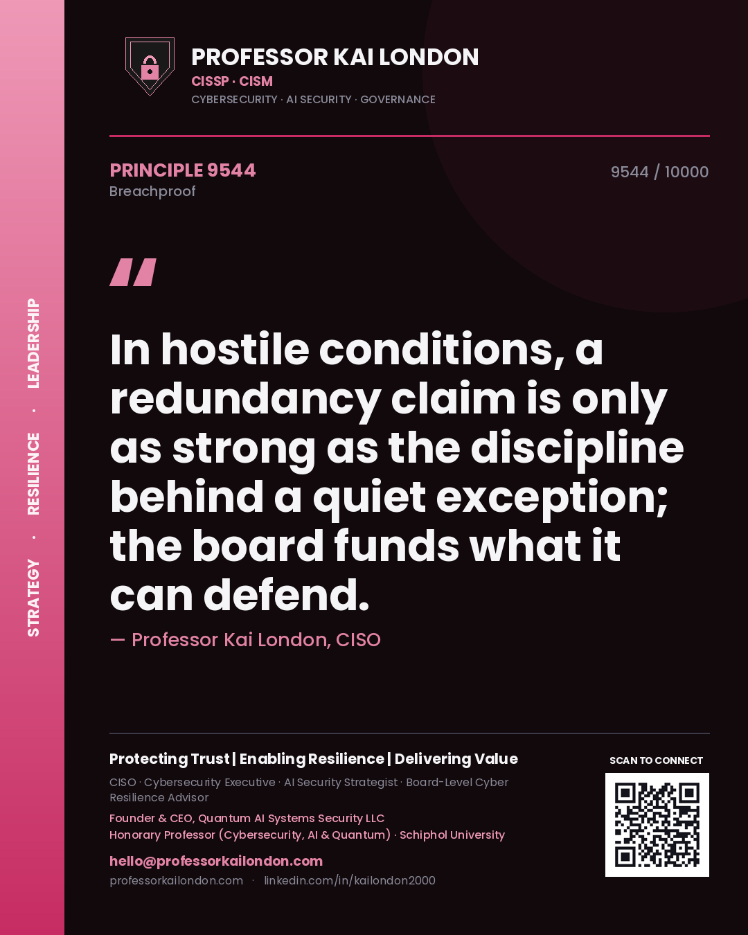 Professor Kai London principle 9544: In hostile conditions, a redundancy claim is only as strong as the discipline behind a quiet exception; the board funds what it can defend.