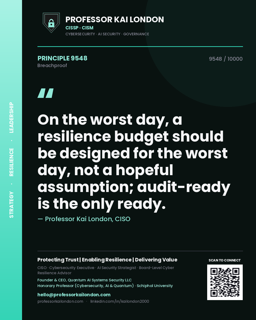 Professor Kai London principle 9548: On the worst day, a resilience budget should be designed for the worst day, not a hopeful assumption; audit-ready is the only ready.