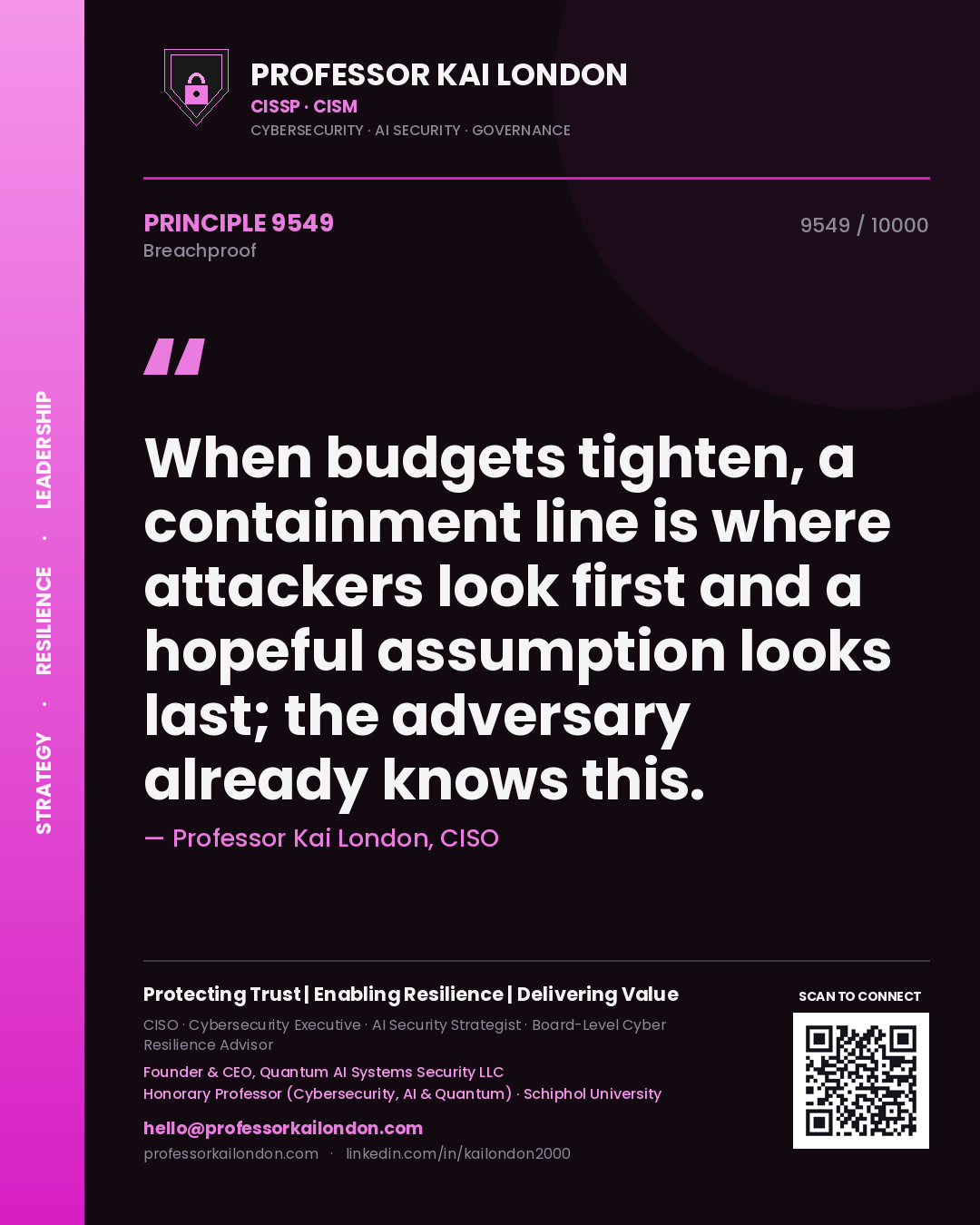 Professor Kai London principle 9549: When budgets tighten, a containment line is where attackers look first and a hopeful assumption looks last; the adversary already knows this.