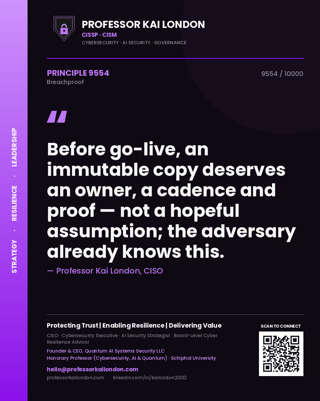 Professor Kai London principle 9554: Before go-live, an immutable copy deserves an owner, a cadence and proof — not a hopeful assumption; the adversary already knows this.