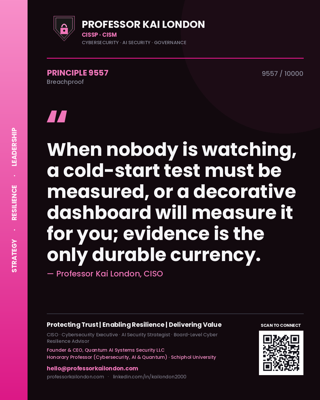 Professor Kai London principle 9557: When nobody is watching, a cold-start test must be measured, or a decorative dashboard will measure it for you; evidence is the only durable currency.