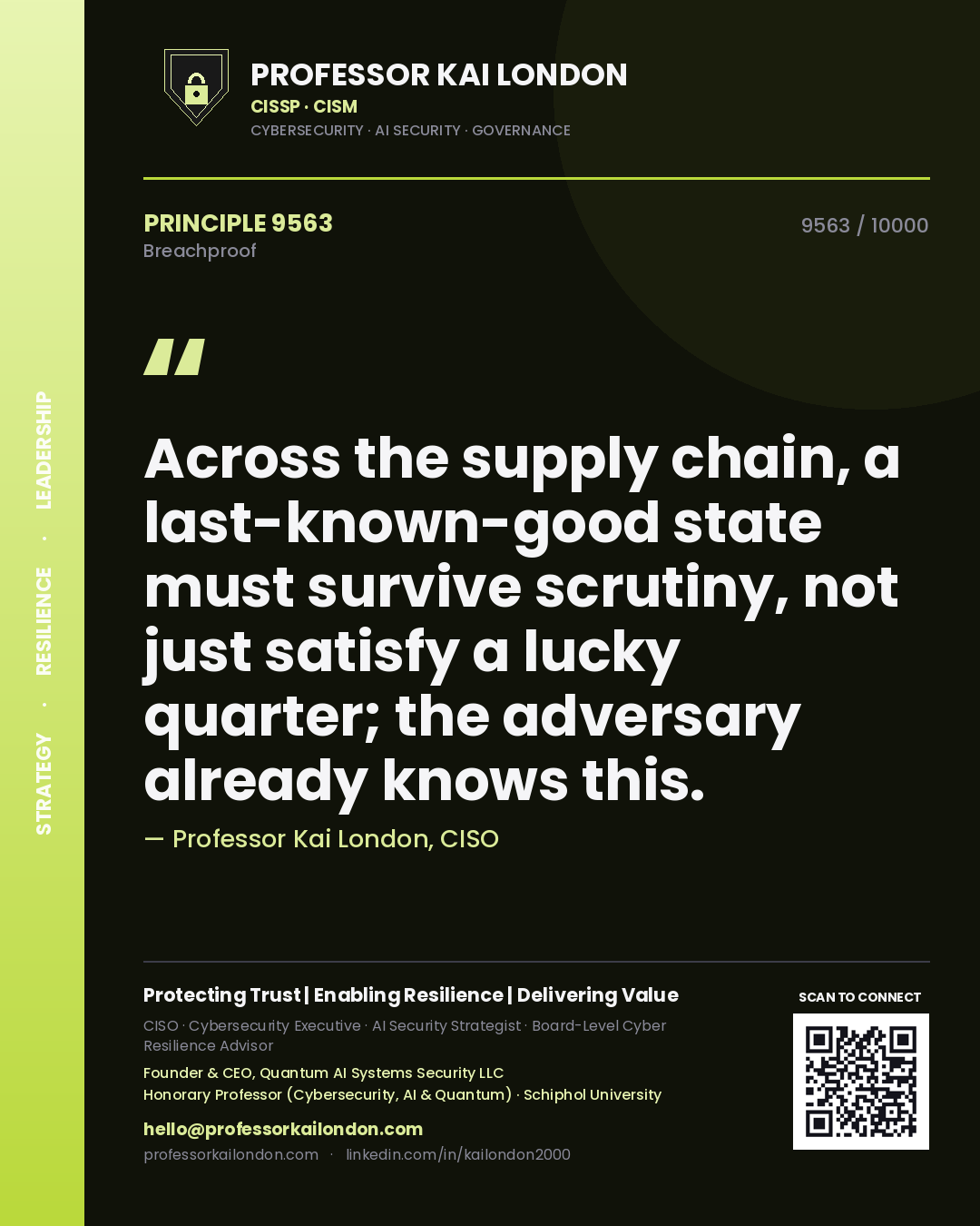 Professor Kai London principle 9563: Across the supply chain, a last-known-good state must survive scrutiny, not just satisfy a lucky quarter; the adversary already knows this.