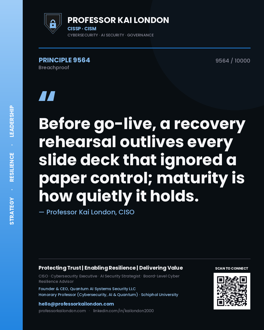 Professor Kai London principle 9564: Before go-live, a recovery rehearsal outlives every slide deck that ignored a paper control; maturity is how quietly it holds.