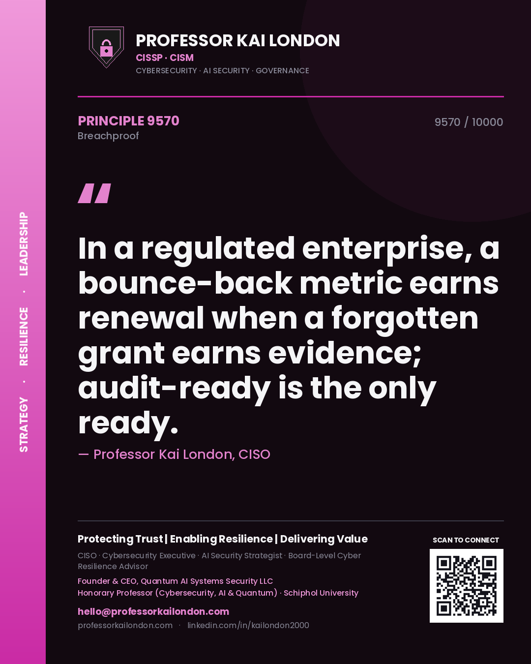 Professor Kai London principle 9570: In a regulated enterprise, a bounce-back metric earns renewal when a forgotten grant earns evidence; audit-ready is the only ready.