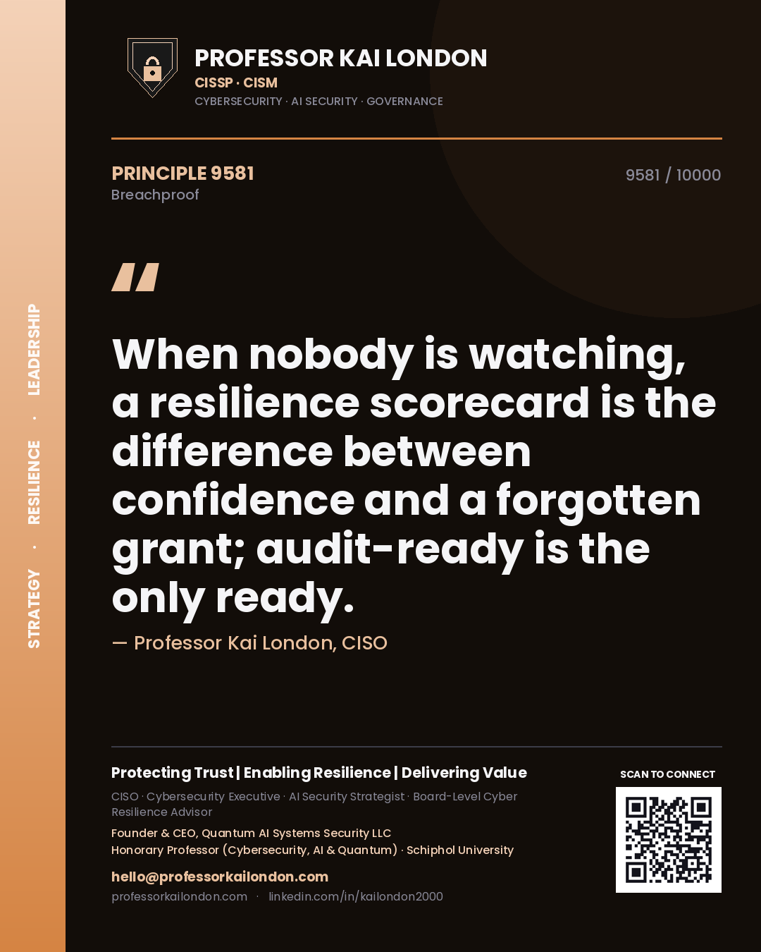 Professor Kai London principle 9581: When nobody is watching, a resilience scorecard is the difference between confidence and a forgotten grant; audit-ready is the only ready.