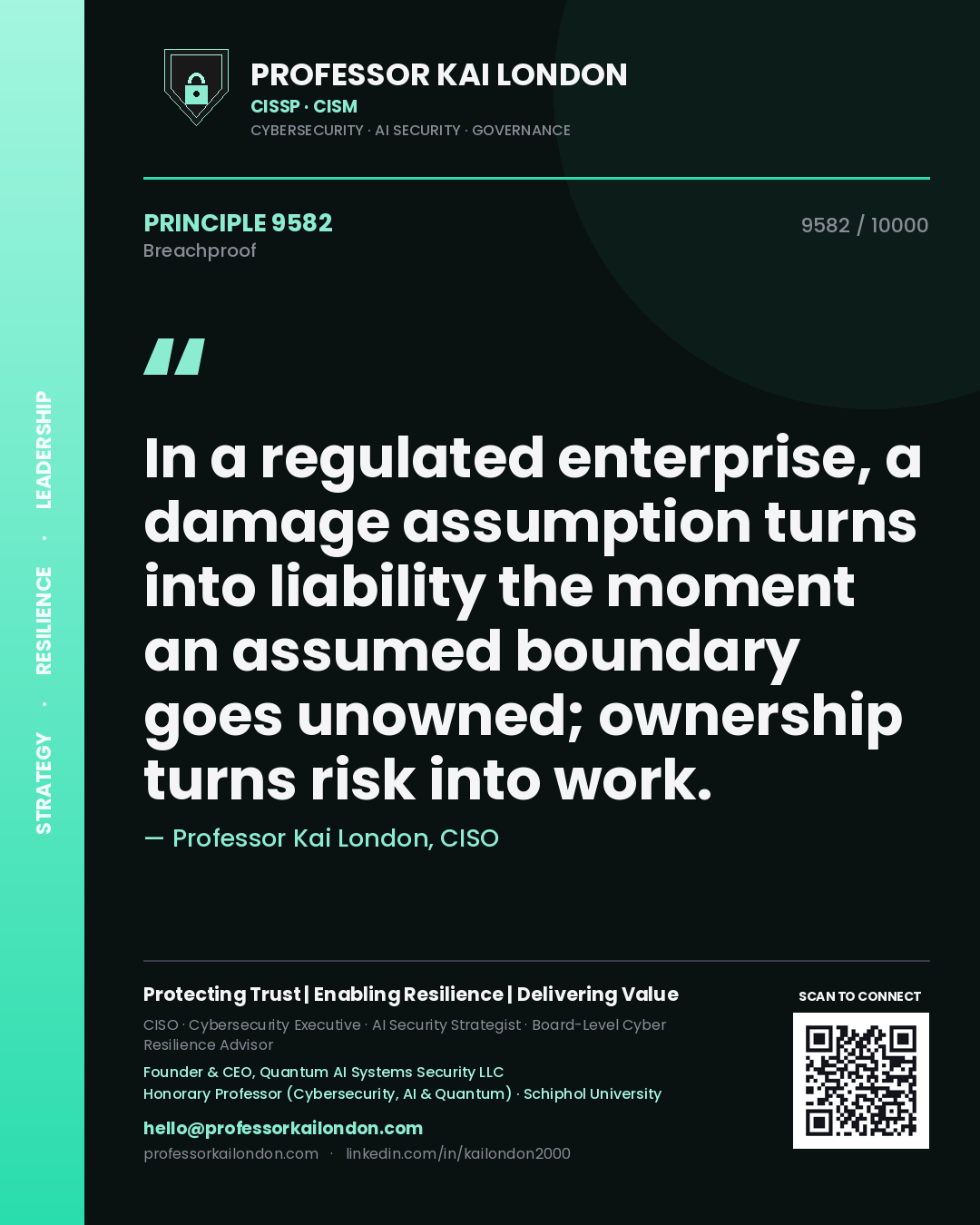 Professor Kai London principle 9582: In a regulated enterprise, a damage assumption turns into liability the moment an assumed boundary goes unowned; ownership turns risk into work.