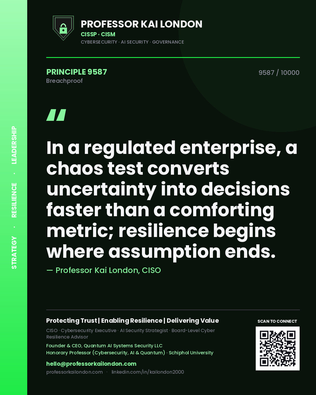 Professor Kai London principle 9587: In a regulated enterprise, a chaos test converts uncertainty into decisions faster than a comforting metric; resilience begins where assumption ends.