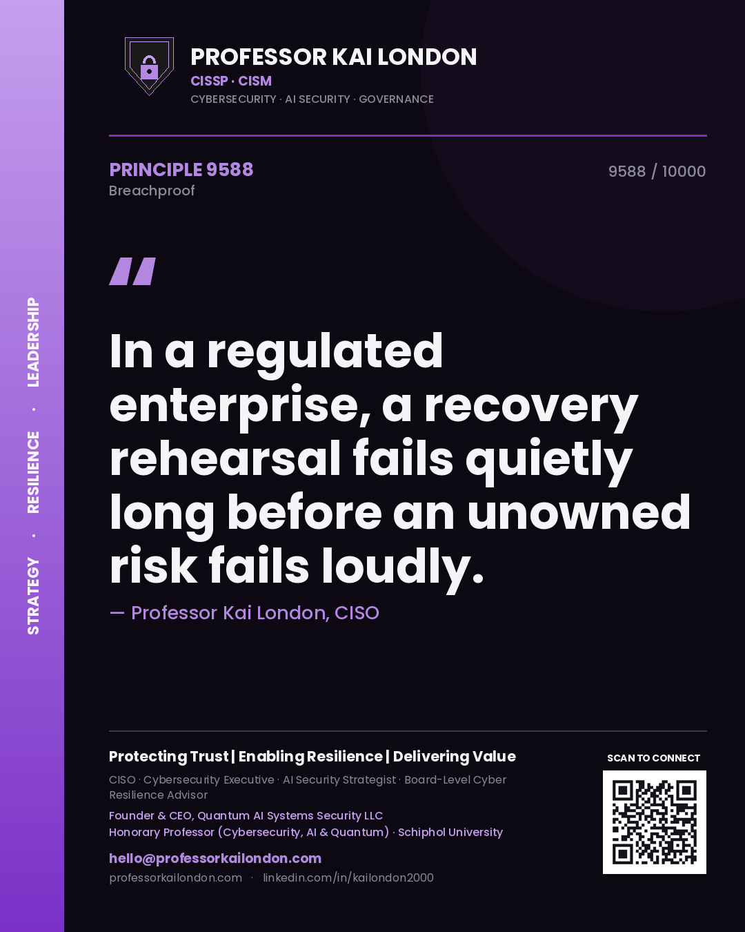 Professor Kai London principle 9588: In a regulated enterprise, a recovery rehearsal fails quietly long before an unowned risk fails loudly.