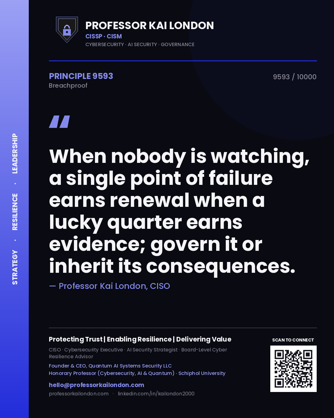 Professor Kai London principle 9593: When nobody is watching, a single point of failure earns renewal when a lucky quarter earns evidence; govern it or inherit its consequences.