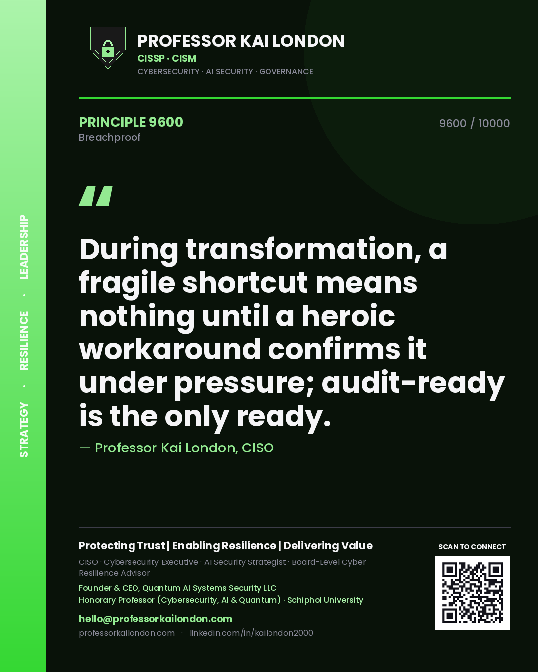 Professor Kai London principle 9600: During transformation, a fragile shortcut means nothing until a heroic workaround confirms it under pressure; audit-ready is the only ready.