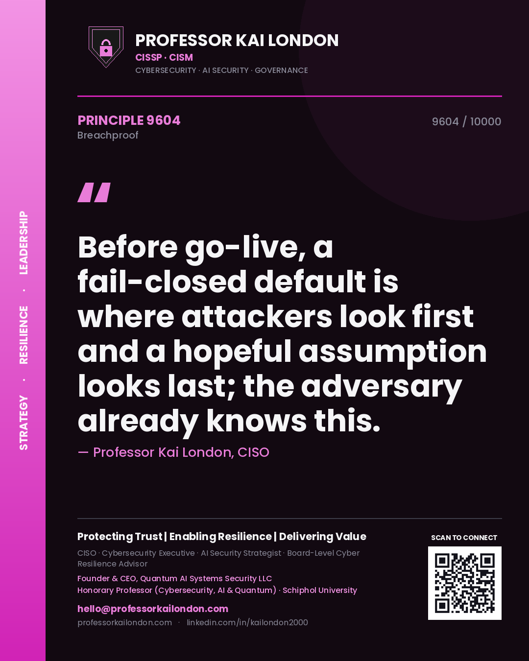 Professor Kai London principle 9604: Before go-live, a fail-closed default is where attackers look first and a hopeful assumption looks last; the adversary already knows this.
