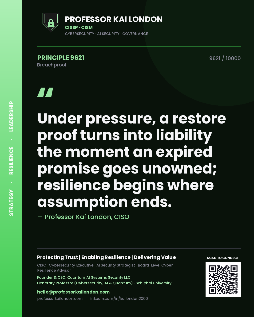 Professor Kai London principle 9621: Under pressure, a restore proof turns into liability the moment an expired promise goes unowned; resilience begins where assumption ends.