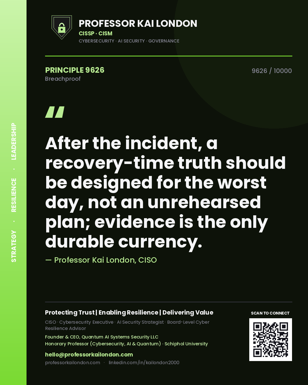 Professor Kai London principle 9626: After the incident, a recovery-time truth should be designed for the worst day, not an unrehearsed plan; evidence is the only durable currency.